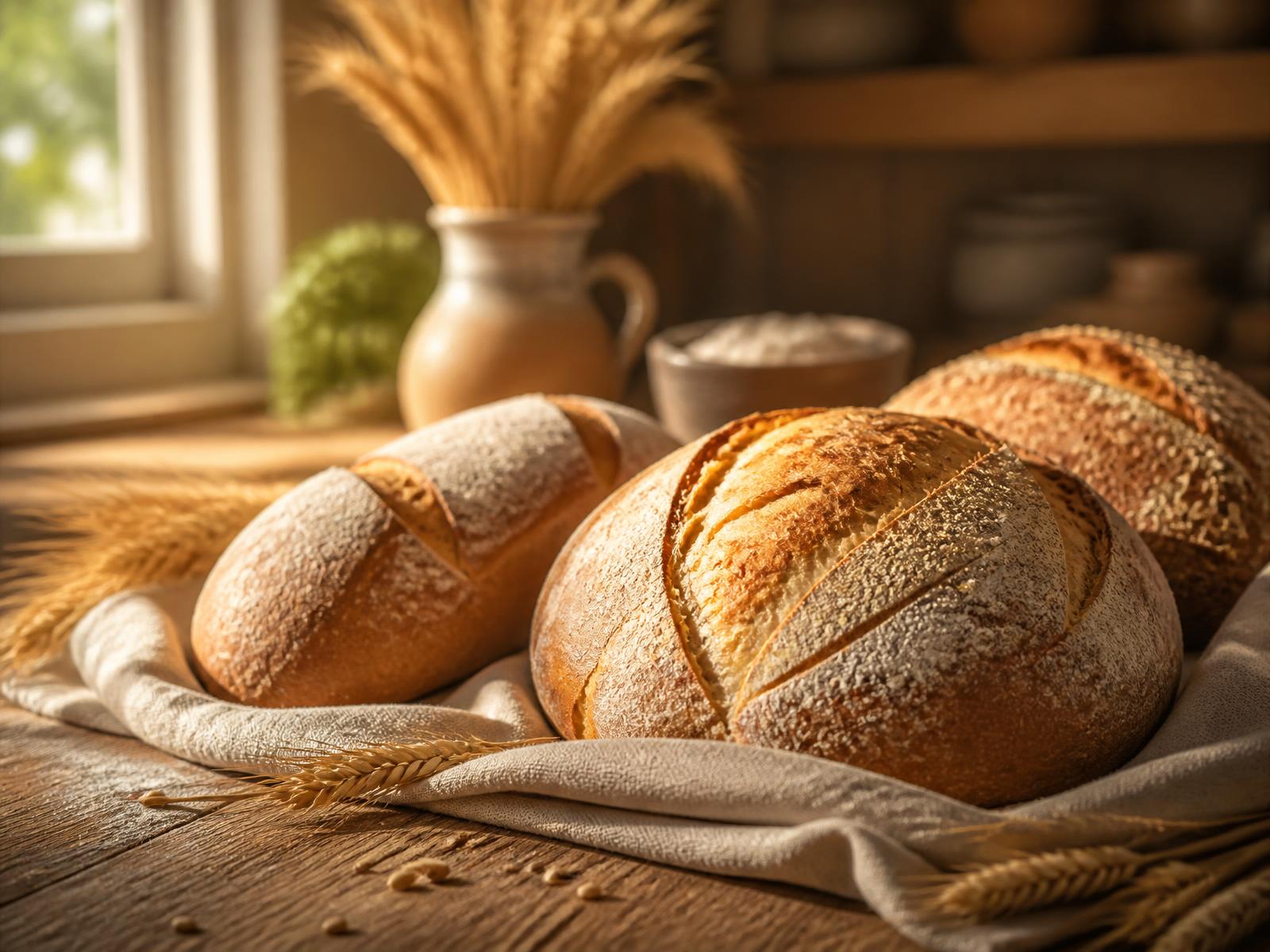 Freshly baked homemade bread loaves on a warm kitchen table